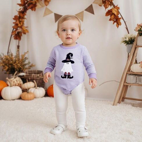 Newborn Infant Baby Girl Halloween Outfits Embroidered Ghost Onesie Striped Long Sleeve Romper Clothes in Saudi Arabia