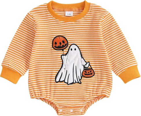 Baby Girls Halloween Romper Long Sleeve Round Neck Letter Pumpkin Print Sweatshirt Romper in Kuwait