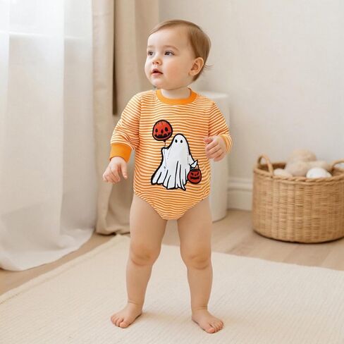 Baby Girls Halloween Romper Long Sleeve Round Neck Letter Pumpkin Print Sweatshirt Romper in Kuwait