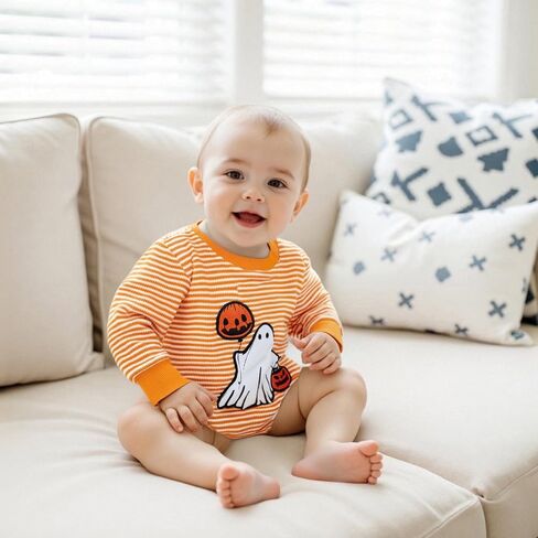 Baby Girls Halloween Romper Long Sleeve Round Neck Letter Pumpkin Print Sweatshirt Romper in Kuwait