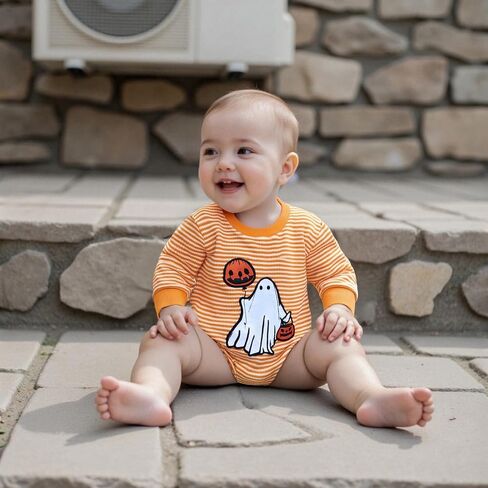 Baby Girls Halloween Romper Long Sleeve Round Neck Letter Pumpkin Print Sweatshirt Romper in Kuwait