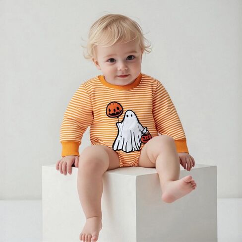 Baby Girls Halloween Romper Long Sleeve Round Neck Letter Pumpkin Print Sweatshirt Romper in Kuwait