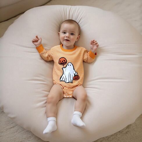 Baby Girls Halloween Romper Long Sleeve Round Neck Letter Pumpkin Print Sweatshirt Romper in Kuwait