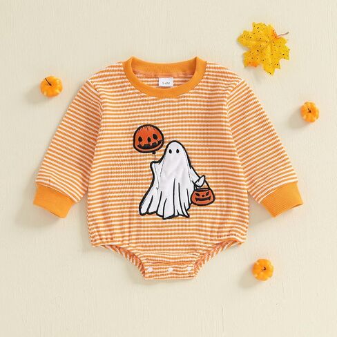 Baby Girls Halloween Romper Long Sleeve Round Neck Letter Pumpkin Print Sweatshirt Romper in Kuwait
