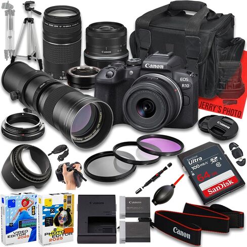 Canon EOS R10 Mirrorless Camera with RF-S 18-45mm f/4.5-6.3 is STM and EF 75-300mm f/4-5.6 III & 420-800mm f/8 Lens + Mount Adapter + 64 GB Memory + Extra Battery + More (27pc Bundle) (Renewed) in Saudi Arabia