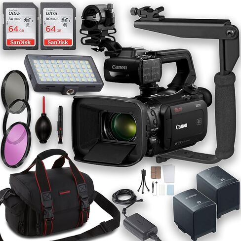 Canon XA70 UHD 4K30 Camcorder مع تركيز تلقائي تلقائي ثنائي بكسل مع مصباح فيديو LED + بطارية إضافية + 2PC 64GB بطاقات الذاكرة + مرشح KIT + DUST Blower + CASE والمزيد ، أسود (متجدد) in Kuwait