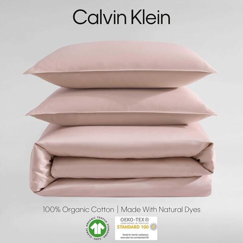 Calvin Klein - مجموعة غلاف لحاف الملكة ، الفراش القطن العضوي Sateen ، ديكور المنزل الناعم الفاخر ، Gots معتمد (Organic Earth Clay Pink ، Queen) in Kuwait