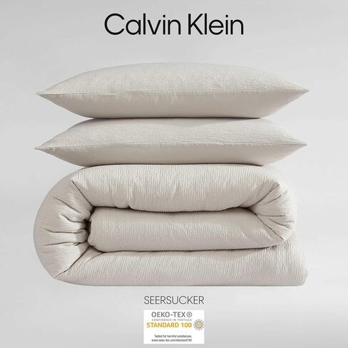 Calvin Klein - مجموعة غطاء لحاف الملكة ، الفراش الناعم الفائق مع شامز مطابقة ، ديكور المنزلي القابل للانعكاس ، معتمد من Oeko -Tex (Seersucker Beige ، Queen) in Saudi Arabia