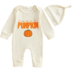Newborn Infant Baby Boy Halloween Outfit Little Pumpkin Embroidery Romper Waffle Knit Long Sleeve Jumpsuit with Hat in Saudi Arabia