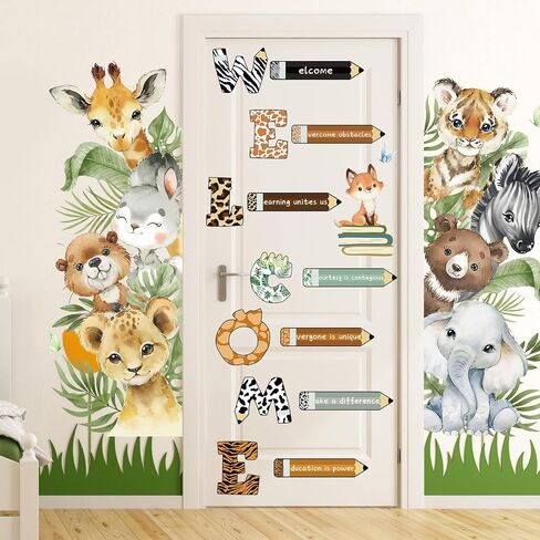 3 Sheet Forest Animal Door Stickers Animal Theme Welcome Window Door Clings Stickers Cute Bear Lion Tiger Wall Decals for Nursery Playroom Classroom Kindergarten in Saudi Arabia