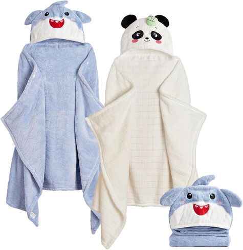 Hooded Toddler Towels with Animal Hood - 500GSM Ultra Soft & 6X Absorbent Baby Bath Towel, Large 28x55 Inch Coral Fleece Hooded Kids Towel for Boys Girls, Cape Blanket 2 Pack in Saudi Arabia