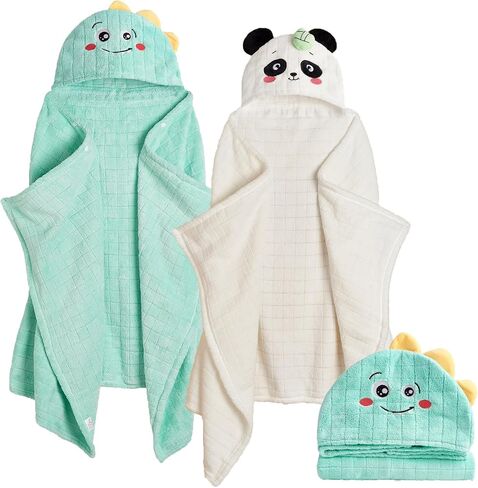 Hooded Toddler Towels with Animal Hood - 500GSM Ultra Soft & 6X Absorbent Baby Bath Towel, Large 28x55 Inch Coral Fleece Hooded Kids Towel for Boys Girls, Cape Blanket 2 Pack in Saudi Arabia