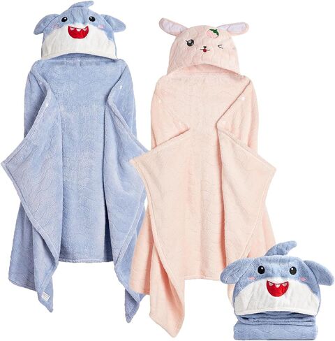 Hooded Toddler Towels with Animal Hood - 500GSM Ultra Soft & 6X Absorbent Baby Bath Towel, Large 28x55 Inch Coral Fleece Hooded Kids Towel for Boys Girls, Cape Blanket 2 Pack in Saudi Arabia