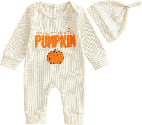 Newborn Infant Baby Boy Halloween Outfit Little Pumpkin Embroidery Romper Waffle Knit Long Sleeve Jumpsuit with Hat in Saudi Arabia