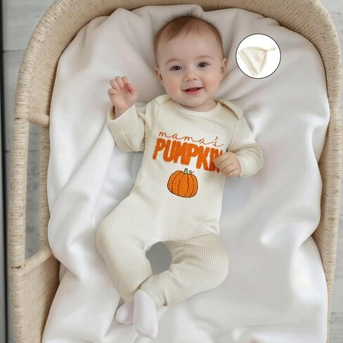 Newborn Infant Baby Boy Halloween Outfit Little Pumpkin Embroidery Romper Waffle Knit Long Sleeve Jumpsuit with Hat in Saudi Arabia