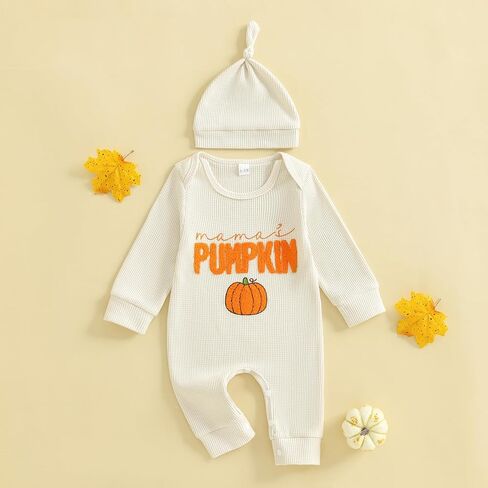 Newborn Infant Baby Boy Halloween Outfit Little Pumpkin Embroidery Romper Waffle Knit Long Sleeve Jumpsuit with Hat in Saudi Arabia
