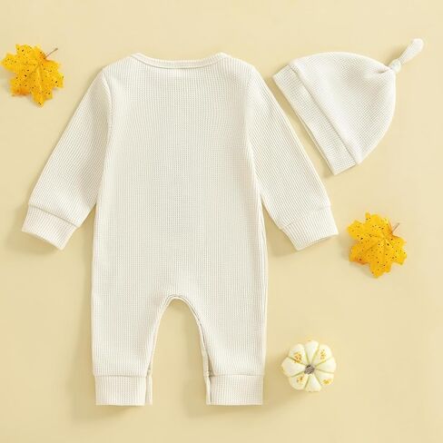 Newborn Infant Baby Boy Halloween Outfit Little Pumpkin Embroidery Romper Waffle Knit Long Sleeve Jumpsuit with Hat in Saudi Arabia