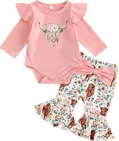 Western Baby Girl Clothes Cowgirl Long Sleeve Romper Cow Print Flare Pants Headband Toddler Girls Fall Outfits in Saudi Arabia