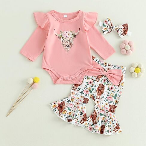 Western Baby Girl Clothes Cowgirl Long Sleeve Romper Cow Print Flare Pants Headband Toddler Girls Fall Outfits in Saudi Arabia
