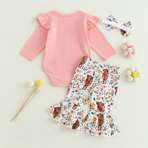 Western Baby Girl Clothes Cowgirl Long Sleeve Romper Cow Print Flare Pants Headband Toddler Girls Fall Outfits in Saudi Arabia
