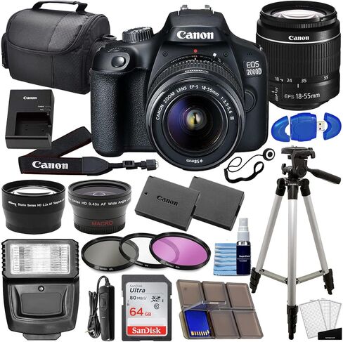 Canon EOS 2000d (Rebel T7) DSLR كاميرا مع EF-S 18-55mm f/3.5-5.6 DC III Lens 3 Kit Bundle Complete Photo Bundle + 64GB CARDAY BUTTION 3PC FILTER أكثر (متجددة) أسود) in Kuwait