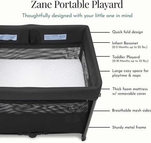 Evolur Zane Portable Playard with Instant Fold, Removable Mattress Cover & Full-Size Zipper Bassinet – Lightweight Travel Crib for Infant (0–18 Months) Grey in Saudi Arabia