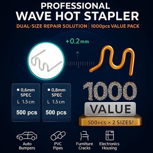 1000pcs سلك لحام الموجة الساخنة ذات الشكل الساخن - 0.6/0.8 ملم من المواد الغذائية الأساسية لإصلاح المصد لللحام البلاستيكي ، متوافق مع معظم السيارات لإصلاح ذوبان البلاستيك الساخن ABS in Kuwait