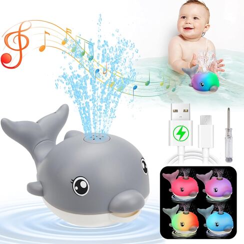 Bath Toys, Light Up Dolphin Baby Bath Toys for Babies 6-12 12-18 Months, Rechargeable Sprinkler Musical Toys, Easter Basket Stuffers Bathtub Toys for Toddlers 1-3 2-4 Boys Girls Infant Kids- Pink in Kuwait