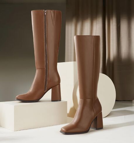 Ankis Knee High Boots for Women Squared Toe Chunky High Heel with Side Zipper Long Boots in Saudi Arabia