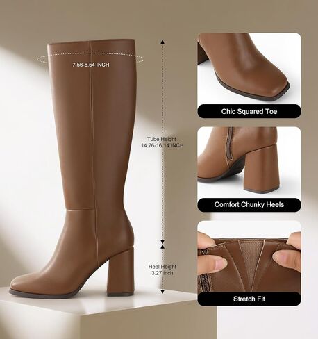 Ankis Knee High Boots for Women Squared Toe Chunky High Heel with Side Zipper Long Boots in Saudi Arabia