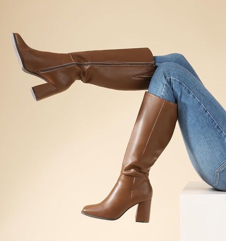 Ankis Knee High Boots for Women Squared Toe Chunky High Heel with Side Zipper Long Boots in Saudi Arabia