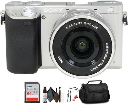 Sony Alpha a6000 Mirrorless Camera with 16-50mm Lens (Silver) with Bag, 64GB Memory Card, Card Reader, Plus Essential Accessories in Saudi Arabia