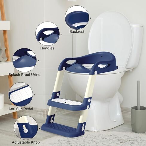 Potty Training Seat with Step Stool Ladder, Adjustable Foldable Potty Seat for Toilet with Anti-Slip Pads Ladder for Kids Boys Girls Toddlers - Navy Blue in Kuwait