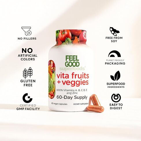 FeelGood Superfoods 1000mg Immune Support Capsules Made with 25 Organic Fruits and Vegetables, Strong Immunity Boosters with Vitamins A, C, D3, and Zinc, 60 Count in Saudi Arabia
