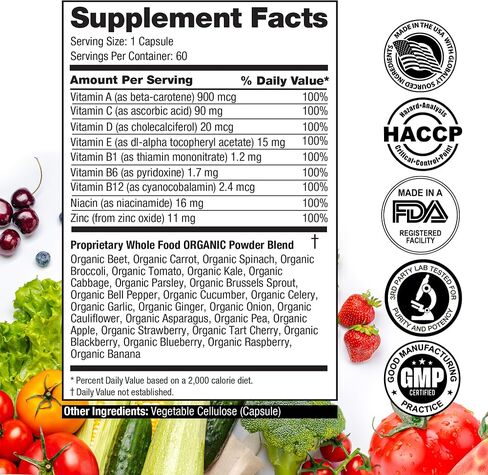 FeelGood Superfoods 1000mg Immune Support Capsules Made with 25 Organic Fruits and Vegetables, Strong Immunity Boosters with Vitamins A, C, D3, and Zinc, 60 Count in Saudi Arabia