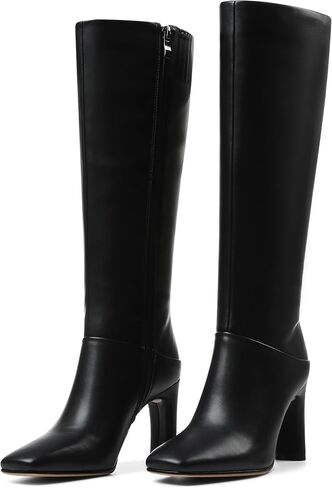 أحذية Uacllcau ركبة عالية للنساء مربع إصبع القدمين طويل القامة أحذية مكتنزة كعب طويل الحذاء مع سستة الجانبية فستان أزياء الشتاء خريف حذاء المرأة in Kuwait