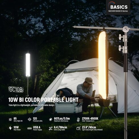 NEEWER BASICS 10W Handheld LED Fill Light 23.6"/60cm, Bi Color Portable Inflatable TPU Tube Lighting, 2700K-5600K CRI95 6.4' Cable USB A Powered for Studio Photography Video Recording Streaming, GC10B in Saudi Arabia
