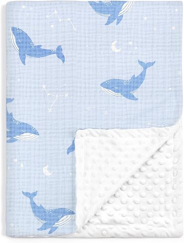Whale Baby Blankets for Boys Girls, Soft Nursery Minky Blankets with Muslin and Dotted Fleece Back 30x40 inches, Receiving Bed Quilt for Newborn, Infants, Toddlers in Kuwait