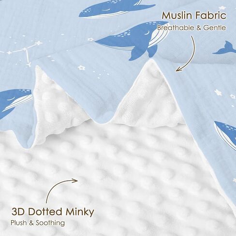 Whale Baby Blankets for Boys Girls, Soft Nursery Minky Blankets with Muslin and Dotted Fleece Back 30x40 inches, Receiving Bed Quilt for Newborn, Infants, Toddlers in Kuwait