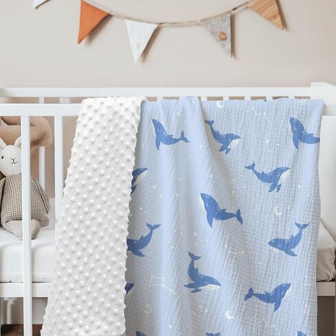 Whale Baby Blankets for Boys Girls, Soft Nursery Minky Blankets with Muslin and Dotted Fleece Back 30x40 inches, Receiving Bed Quilt for Newborn, Infants, Toddlers in Kuwait