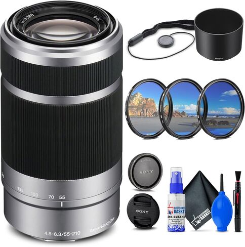 Sony E 55-210mm f/4.5-6.3 OSS Lens (Silver) (SEL55210) + Filter Kit + Lens Cap Keeper + Cleaning Kit + More (Renewed) in Saudi Arabia