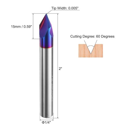 Uxcell v Groove Router بت 60 درجة 1/4 "شحن CNC قطع النقش مع قطع كربيد صلبة مغلفة بالأزرق النانو لصنع علامة النحت الرفيعة صنع 2pcs in Kuwait