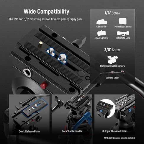 NEEWER 74" Video Tripod with Fluid Head & Damping Control, Aluminum Heavy Duty Camera Stand Professional with QR Plate for DSLR Camcorders for Video Recording, Cleaning Cloth, Max Load 17.6 lbs, TP74 in Saudi Arabia