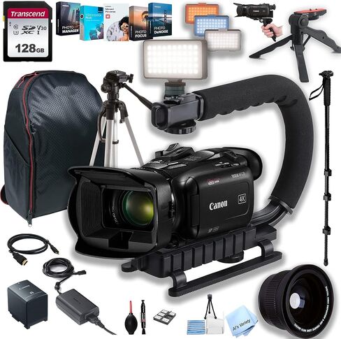 Canon HF G70 UHD 4K Camcorder + LED Video Light + 128GB بطاقة الذاكرة + U GRIP STATILIZER + MONOPOD + TRUPOD + HAND GRIP + 42X FISHEYE LENS + برنامج تحرير الفيديو (حزمة 26pc) (متجددة) in Saudi Arabia