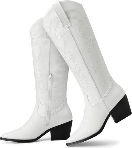 TEMOFON Cowboy Boots for Women Cowgirl: Knee High Pointed Toe Chunky Heel Wide Calf Booties with Side Zipper Fall Winter in Saudi Arabia