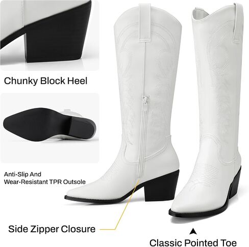 TEMOFON Cowboy Boots for Women Cowgirl: Knee High Pointed Toe Chunky Heel Wide Calf Booties with Side Zipper Fall Winter in Saudi Arabia