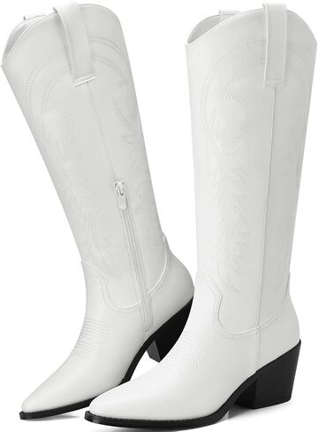 TEMOFON Cowboy Boots for Women Cowgirl: Knee High Pointed Toe Chunky Heel Wide Calf Booties with Side Zipper Fall Winter in Saudi Arabia
