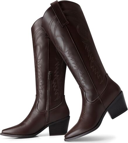 TEMOFON Cowboy Boots for Women Cowgirl: Knee High Pointed Toe Chunky Heel Wide Calf Booties with Side Zipper Fall Winter in Saudi Arabia