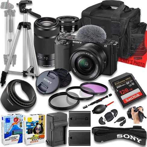 Sony ZV-E10 Mirrorless Camera with E PZ 16-50mm f/3.5-5.6 OSS & E 55-210mm f/4.5-6.3 Lens + 128 GB Memory + Extra Battery + Camera Case + Tripod + More (25pc Bundle) in Saudi Arabia