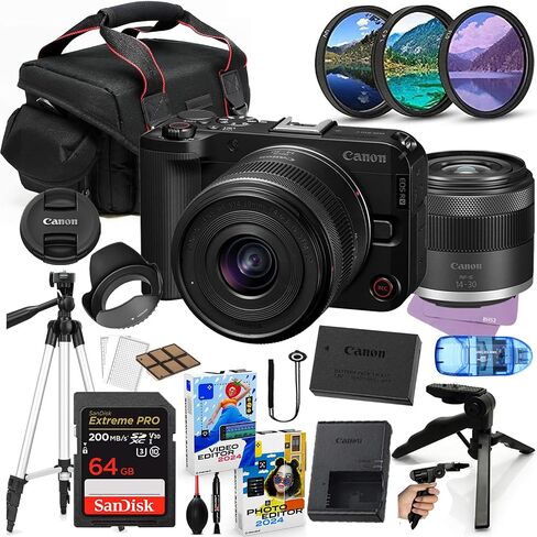 Canon EOS R50 V Mirrorless Camera مع حزمة عدسة من 14 إلى 30 مم + حزمة ملحقات بما في ذلك ذاكرة متطرفة 64 جيجابايت ، مرشحات ، برامج صور فوتوغرافية وأكثر (26 قطعة) (متجددة) in Saudi Arabia
